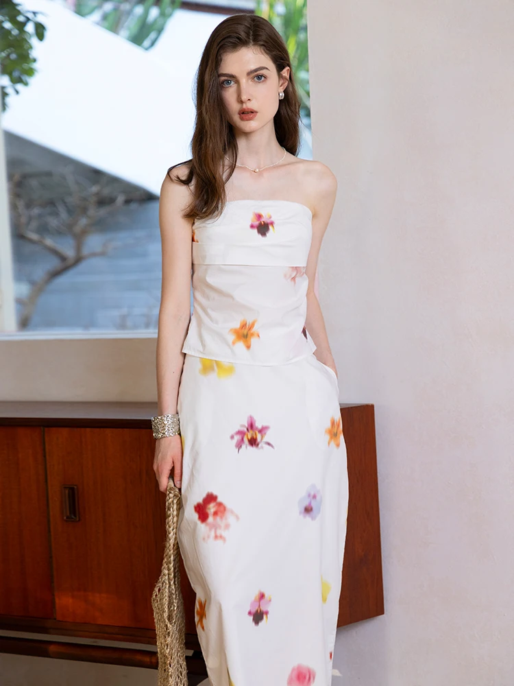 

Miorastudio Vintage White Flower Tube Top Vest Top And Bottle Skirt Set Women's Faion Summer Cotton ort Length Print