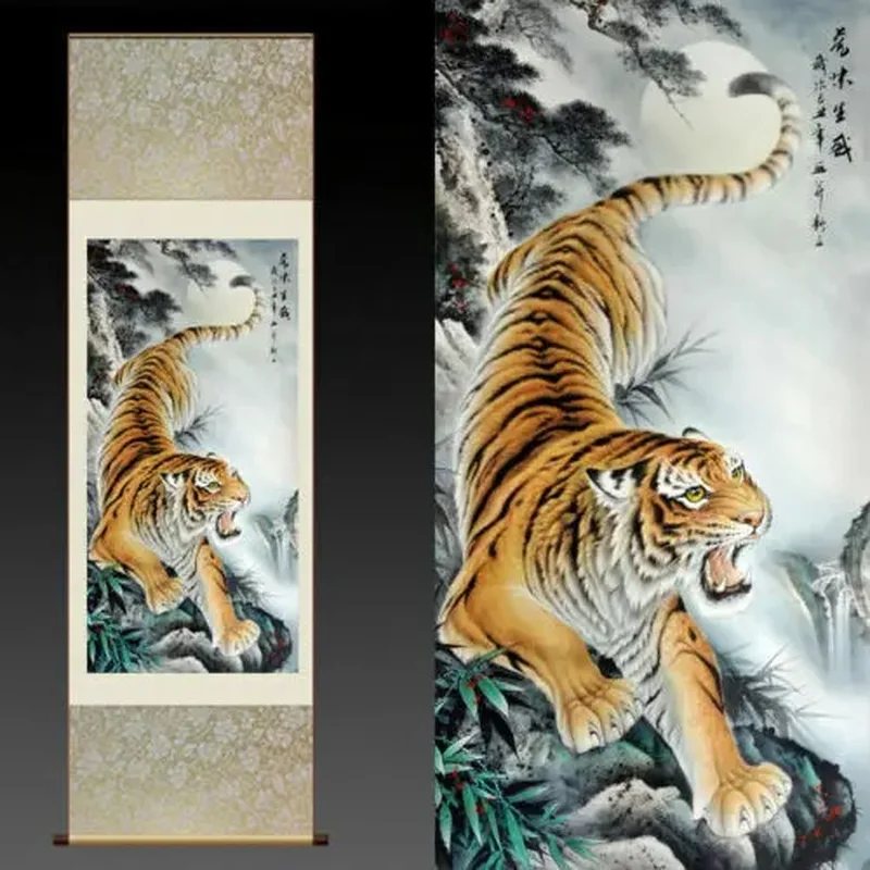 Asian Silk Scroll Picture Scroll Wall Scroll Calligraphy Hanging Artwork （Tiger）