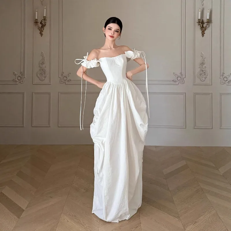 Customized 2026 White Floor-Length Wedding Dress One-Shoulder Slim Fitted Bridal Gown for Engagement Party and Formal Wedding