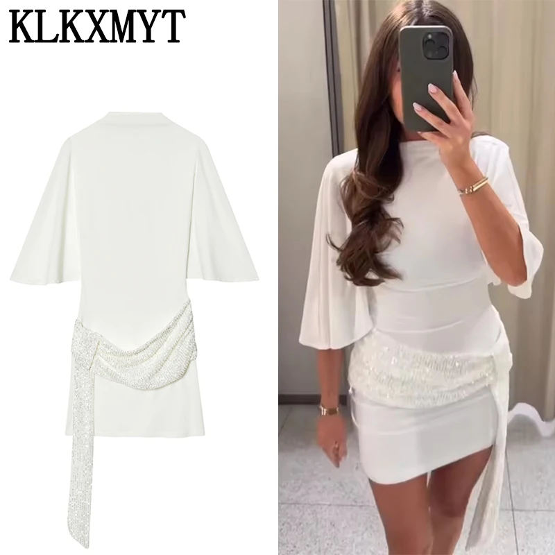 KLKXMYT Damen Midikleid mit Ärmeln, Rückenfreies Sexy Minikleid mit Pailletten, Bandverzierung und Schnürung an der Taille, Elegantes Partykleid 2026 ﻿