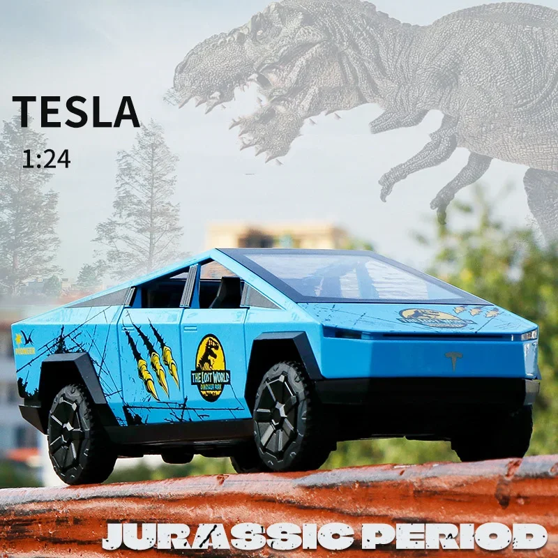 รถกระบะไซเบอร์ทรัค ไดโนเสาร์จูราสสิค รถพลังงานใหม่ ของเล่นรถโลหะแบบหล่อขึ้นรูป ขนาด 1:24 แบบดึงหลัง วัสดุอัลลอยด์ ของสะสม