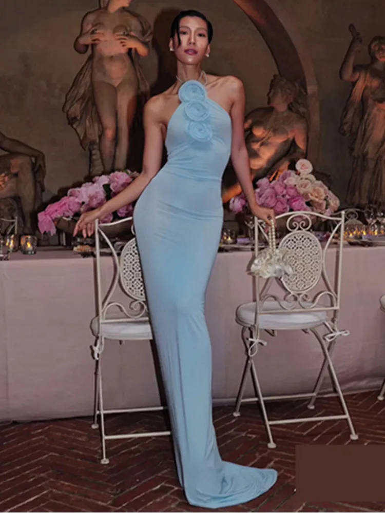 Women Celebrity Sexy Backless Halter Flower Sky Blue Maxi Long Gowns Dress 2024 Elegant Evening Party Club Dress Vestido