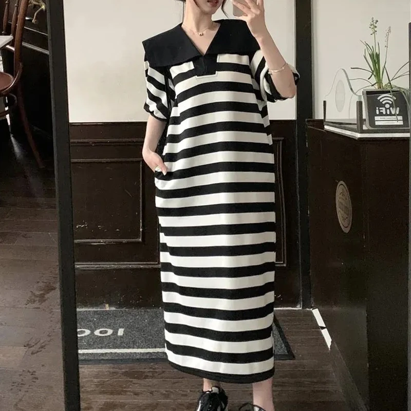 

Striped Sailor Collar Short Sleeve Knee Length Women Dresses Summer Fashion Casual Sweet All-match Loose Long Skirt Black White