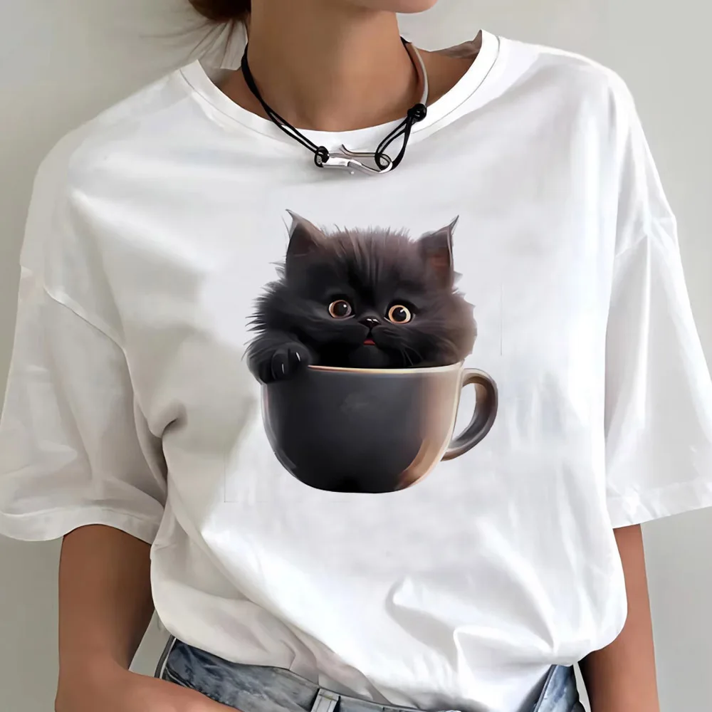 Kawaii Cat Print Women's T-Shirt Teen Funny Graphic Streetwear Classic Y2k Clothes Summer Fashion O-Neck Short Sleeve T-Shirt