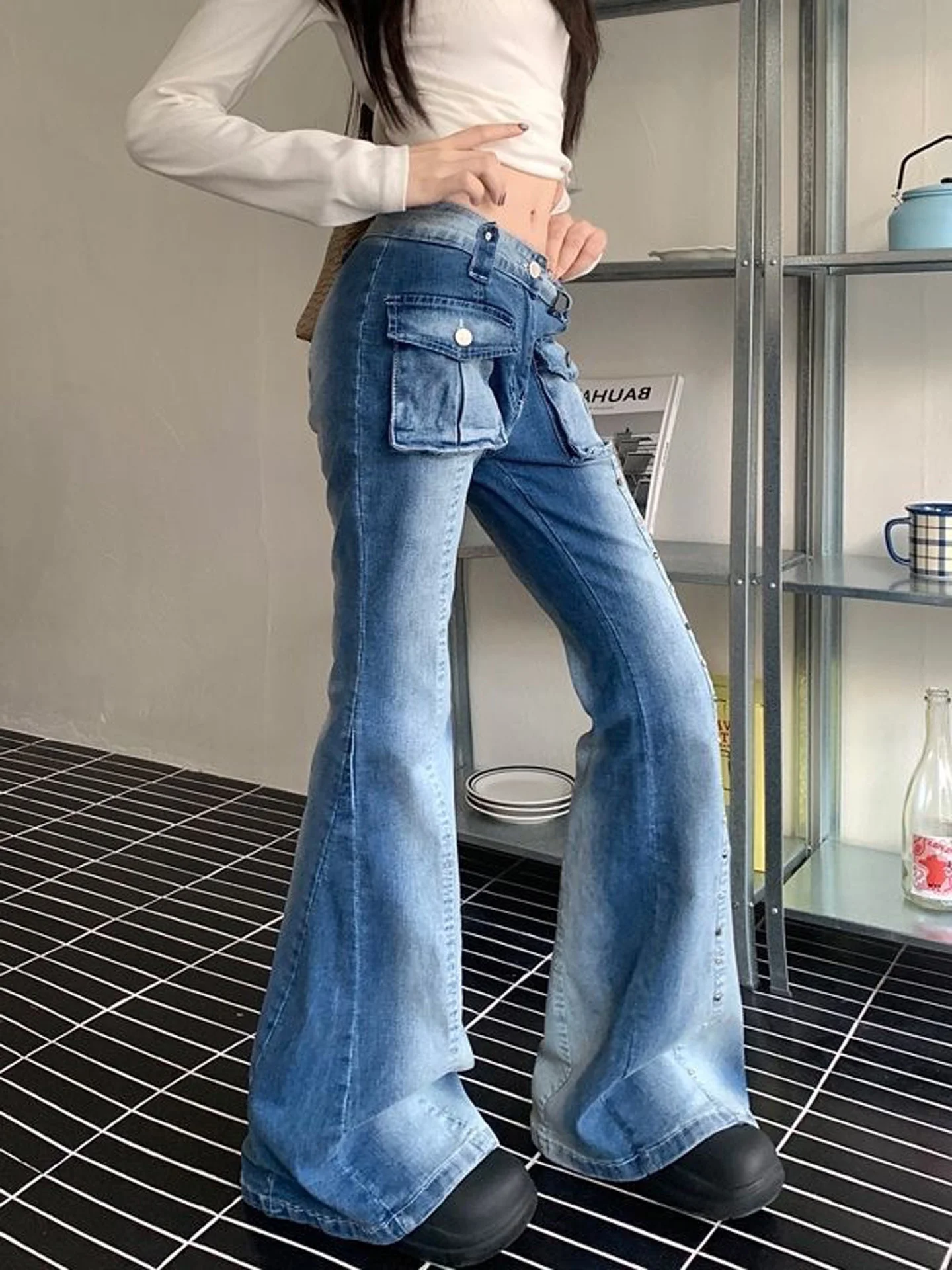 High Waist Slimming Stretchy Denim Micro Flared Pants Women's Autumn New Style Single Side Rivet 3D Pocket Floor-Length Trous...