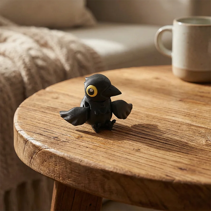 3D Printed Movable Wing Crow Figurine Toy Cute Articulated Black Bird Home Desk Decor Gift