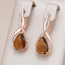 Kinel Hot Light Brown Natural Zircon English Earrings for Women Water Droplets 585 Rose Gold Color High Quality Daily Jewelry