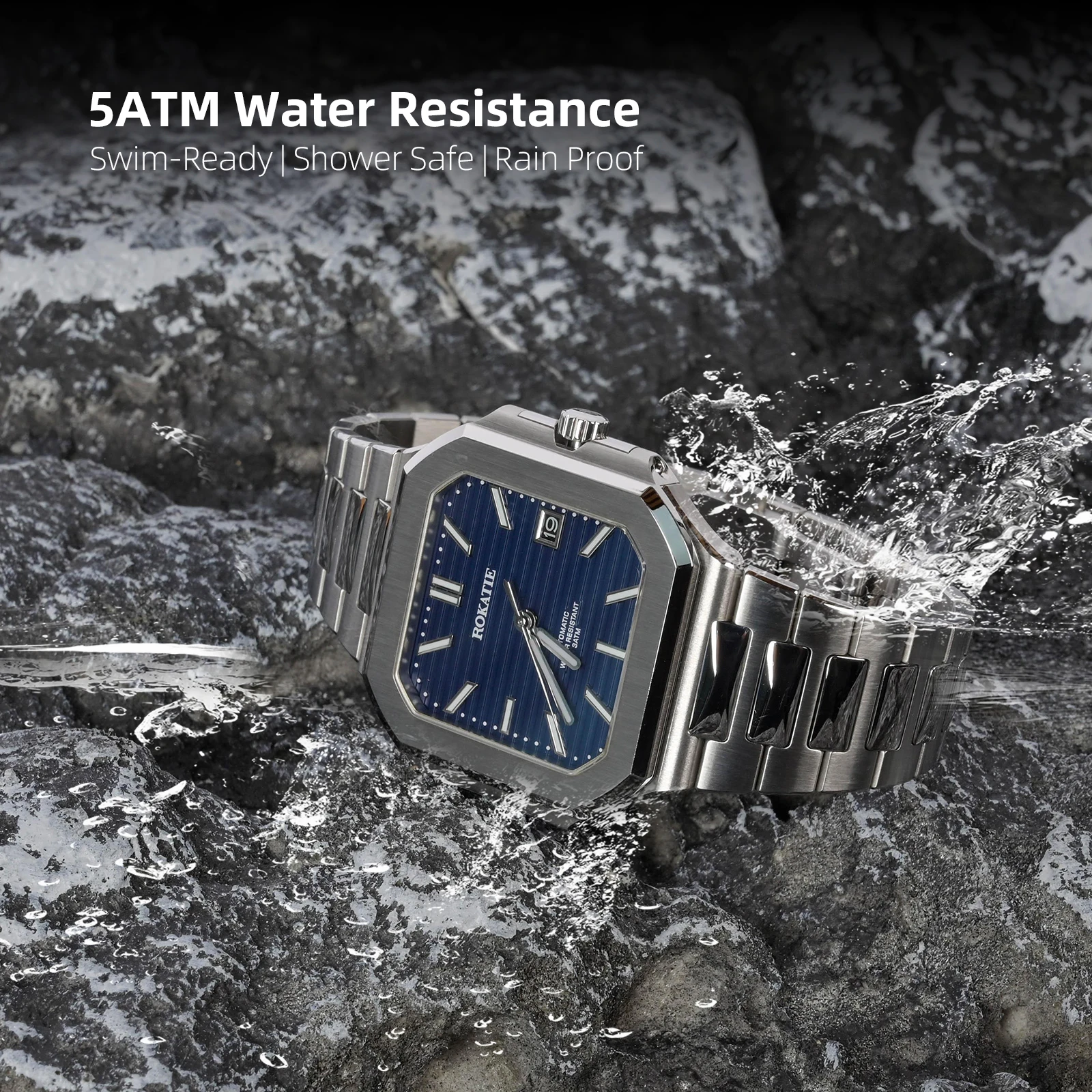 ROKATIE 機械式時計薄型タイプ超発光ステンレス鋼 316L 9015 ムーブメント自動時計 5ATM ビジネスメンズ腕時計