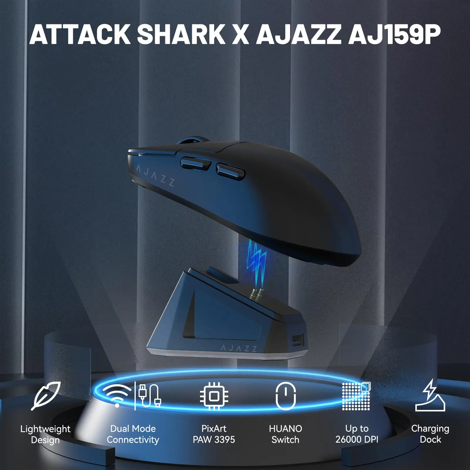 

AJAZZ AJ159P Gaming Mouse 2.4G/Wired Dual Mode 56g Light Weight 26000 DIP PAW3395 Sensor With RGB Charging Dock For PC/Laptop