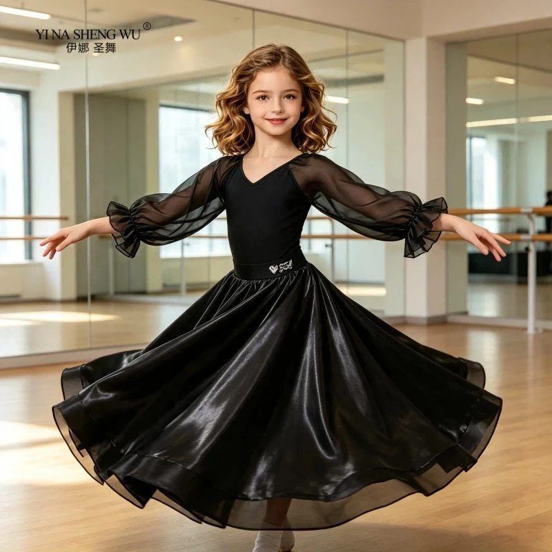 Ballroom Dance Competition Clothing Girls Mesh Long Sleeve Big Swing Skirts Performance Suit Waltz Latin Costumes