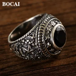 BOCAI New S925 Pure Silver Jewelry Ethnic Style Fashion Five-Pointed Star Peace and Freedom Black Agate Man Ring Wholesale