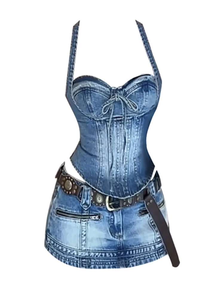 Summer Women Harajuku Gothic Hot Sexy 2000s Denim Vacation Rave Outfits 2 Piece Set Night Club Kpop Camisole + Mini Cargo Skirt