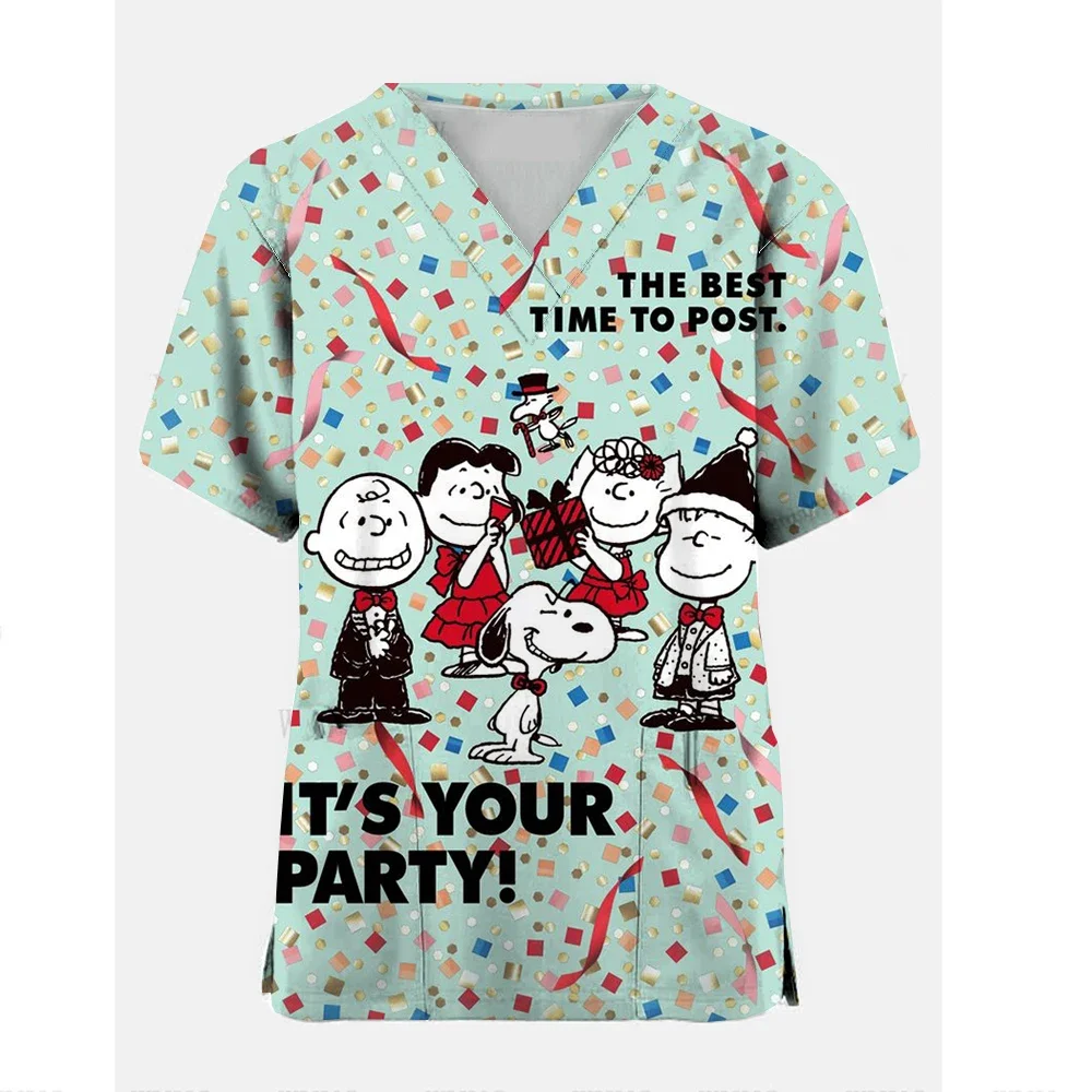 زي ممرضة نسائي بأكمام قصيرة ورقبة على شكل حرف V ، زي موحد للعمل ، طبعة كلب كرتوني ، ملابس عمل ممرضة ، قمم طبية #4