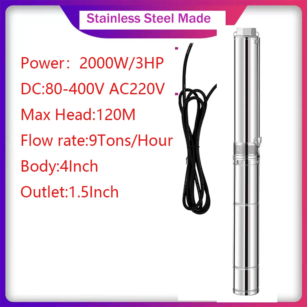 DC80-400V AC220V Solar Hybrid Pump Max Flow 9m³/Hour Max Head 120M 180Psi 4Inch Body 2000W3Hp Solar drilling deep well pump