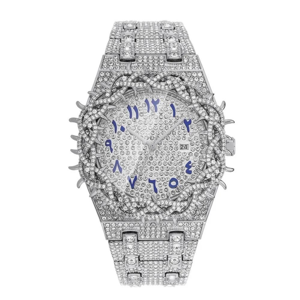 Missfox Luxury Diamond Men's Quartz Watch Gold Blingbling Zircon Hip Hop Fashion Hand Clock with Flower Case
