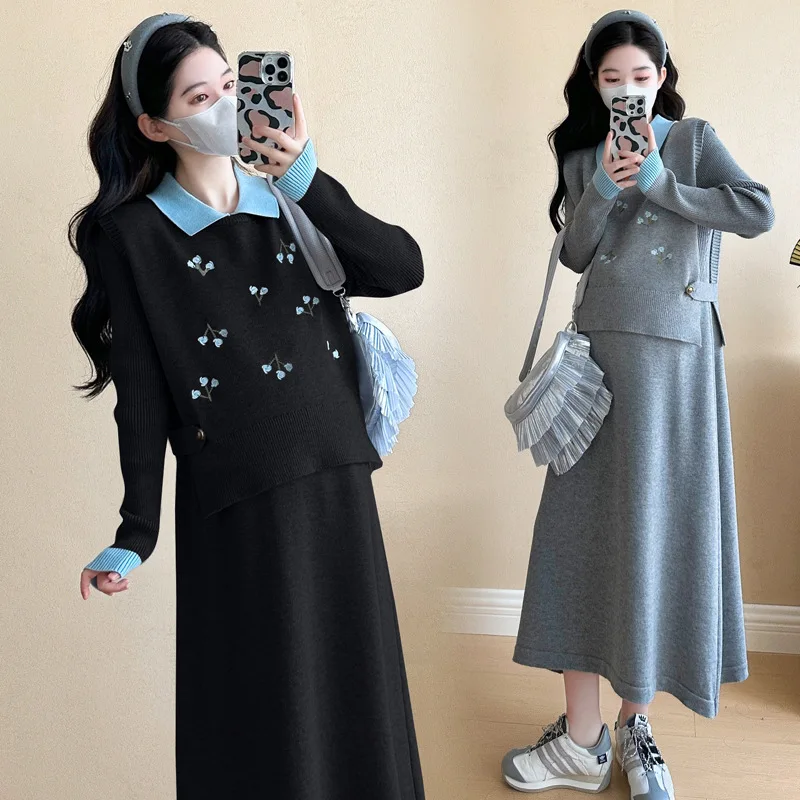 Ropa elegante para embarazo Vestido de punto jacquard de temporada fría Detalles bordados sofisticados Dos piezas de moda para mamás esperando