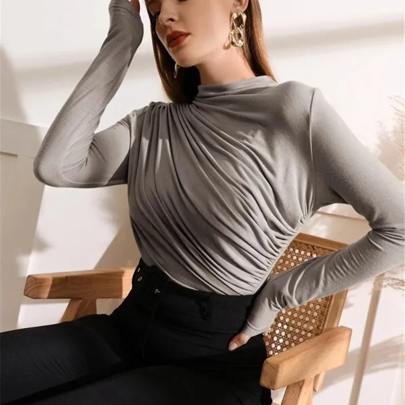 Small High Neck Design Pleats Versatile Pullover Long Sleeved Polyester T-shirt Women Vestiti Donna Roupa Feminina Woman T Shirt