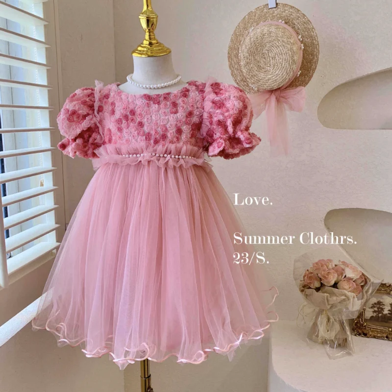 HoneyCherry New Girl\'s Summer Casual Dress with 3D Rose Flower Design and Cute Mesh Princess Dress