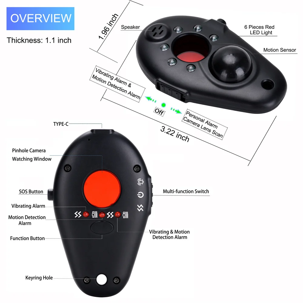 Imagem -02 - Detector de Câmera Anti-espião Portátil Vibração ir Alarme de Luz Sonora Detecte Detecção de Sinal Anti-monitoramento para o Campista do Hotel