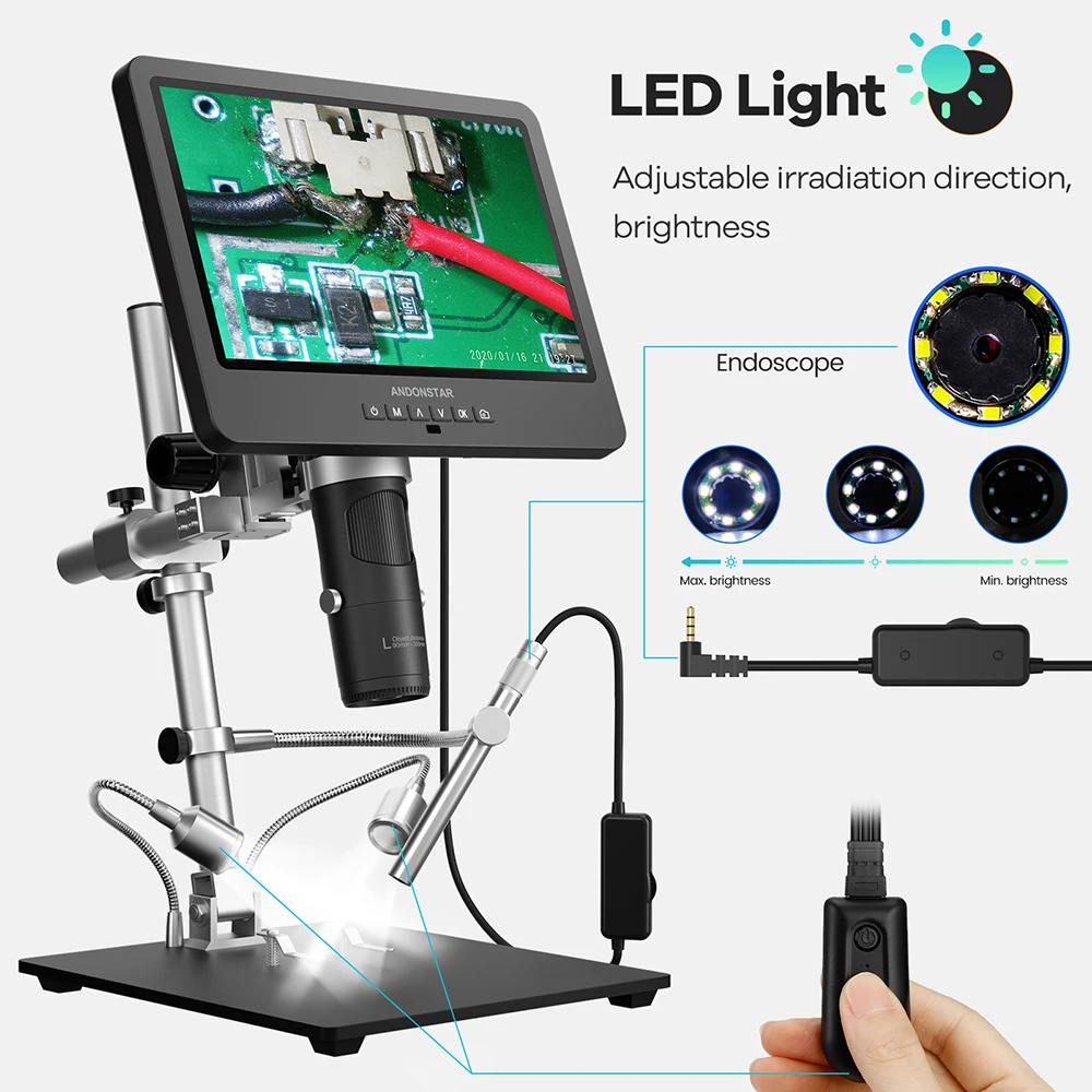 Andonstar AD249SM with Endoscope 10.1'' HDMI Digital Microscope 2000X for Circuit Board Repairing Microscope Electronics Repair