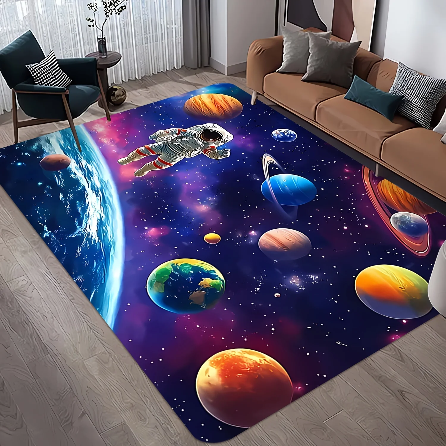 1pc 2D Flat Astronaut Planets Galaxy Space Flannel Area Rug Non Slip Sci Fi Carpet For Kids Room Living Room Floor Decor