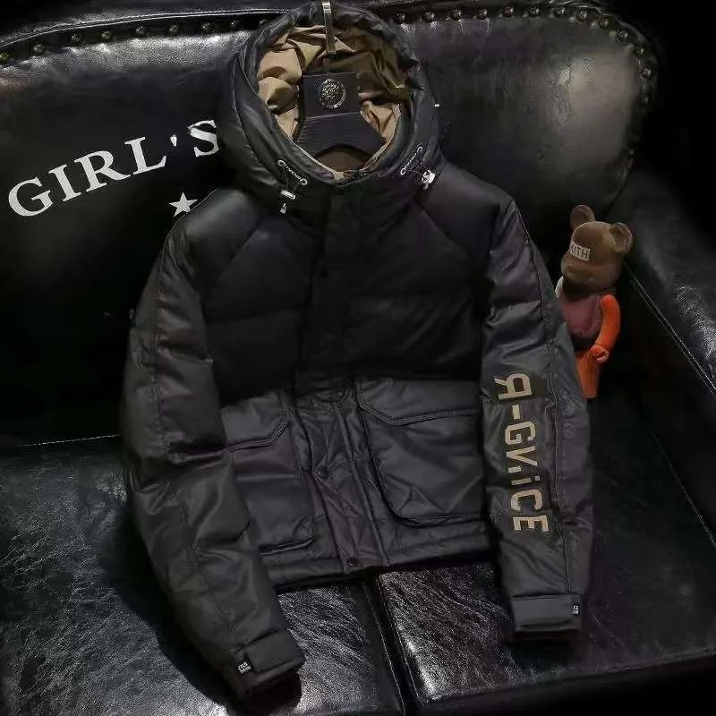 

Мужская зимняя куртка-пуховик 2025: Новая утепленная модель с капюшоном, белый пух, теплая, с принтом, модная повседневная одежда