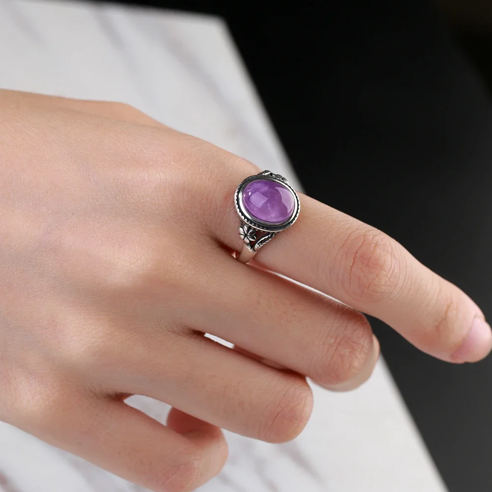 Women's Jewelry S925 Silver Ring Natural 8x10MM Oval Amethyst Wedding Anniversary Party Gift Fine Jewelry
