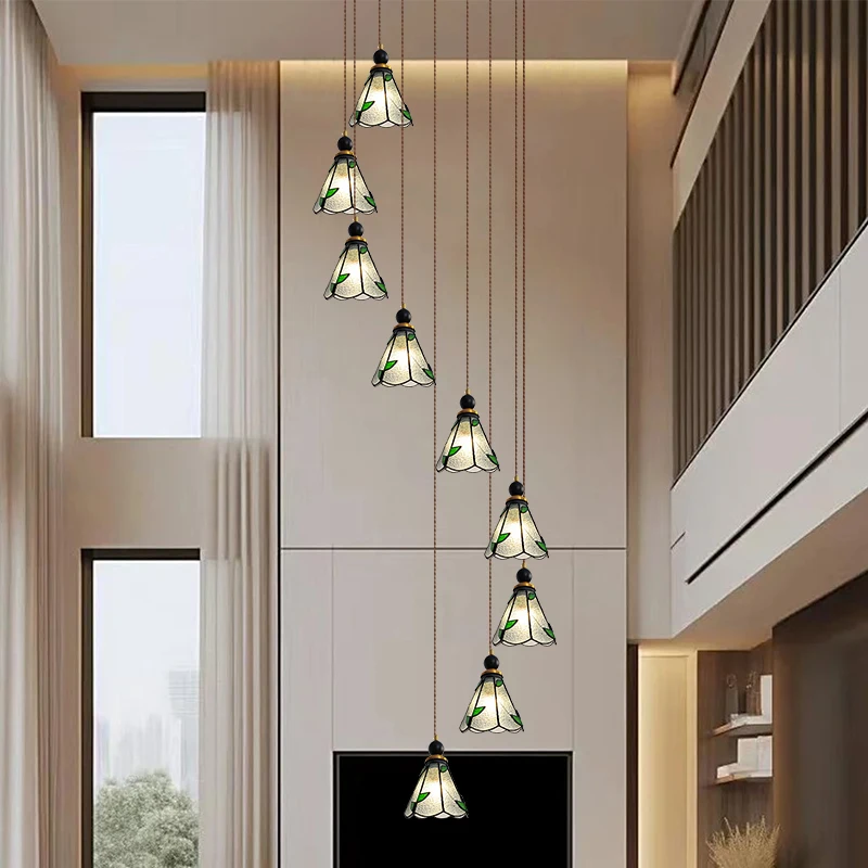 

Modern Colored Glass Staircase Chandelier French Retro Duplex Villa Living Room Apartment Light