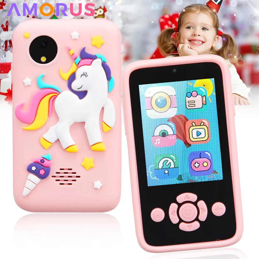 Téléphone Enfant écran Tactile 2,8 Pouces – Double Appareil Photo, 10 Jeux, Lecteur MP3 – Cadeau Anniversaire 3-10 Ans – Avec 32Go, Lanière Et Stickers