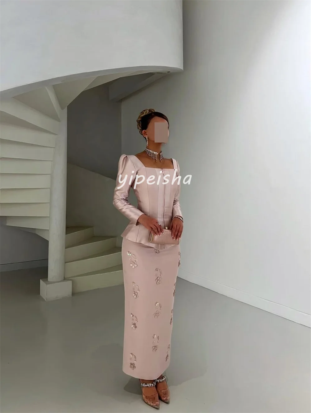 Personalizzato squisito retro piega fiore che borda paillettes dritto collo quadrato abiti midi abiti da sera taglie disponibili sexy