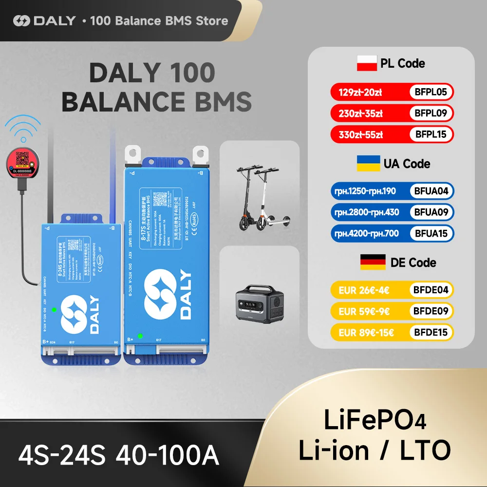 DALY 100 BMS inteligente 4S 8S 12S 13S 14S 16S 17S 20S 24S aplicación Bluetooth equilibrio UART CANBUS RS485 40A 60A 100A Lifepo4 Li-ion LTO