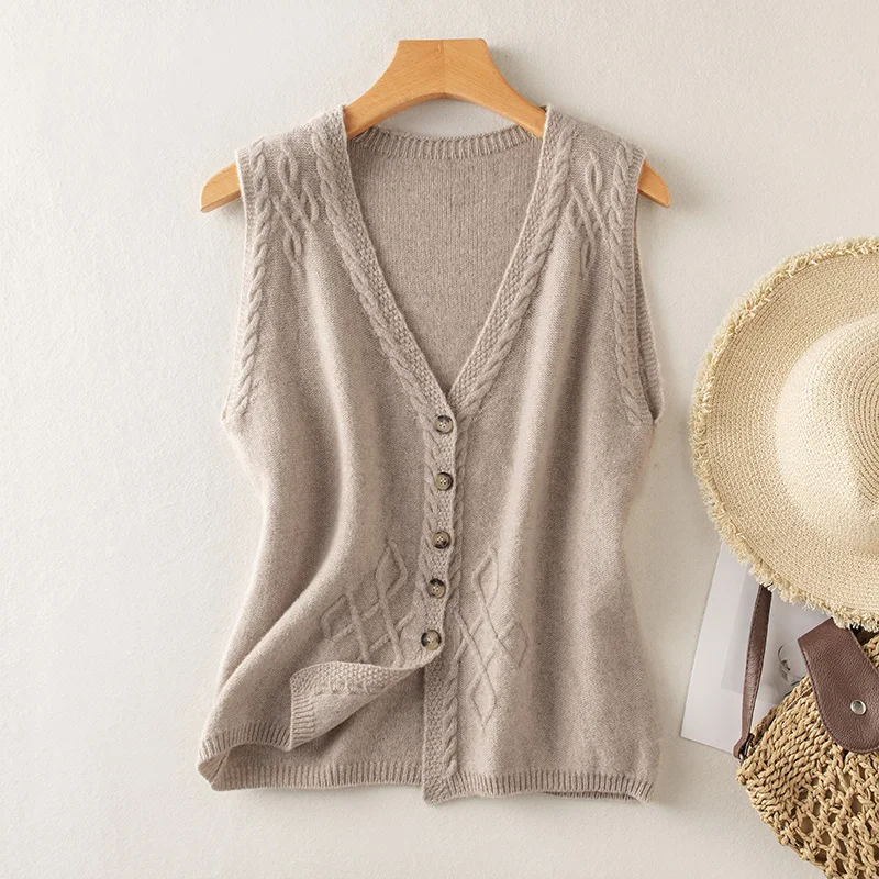 High Quality Women V-neck Twist Flower Sleeveless Cardigan 100% Merino Wool Sweater For Spring Autumn Casual Vintage Waistcoat