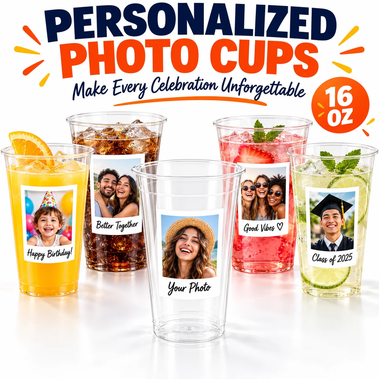 Customized Photo Cups, 16 oz Personalized Plastic Disposable Cups with Images, Suitable for Parties, Birthdays, Weddings, Baby Showers, Etc.