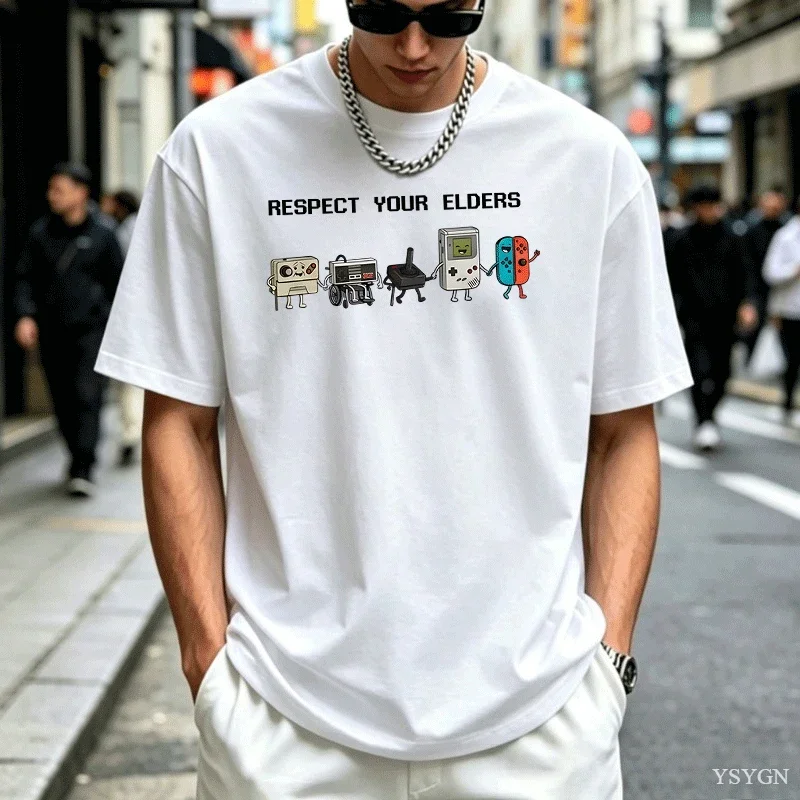 Vintage Respect Your Elders T Shirt Old Controller T-Shirt Retro Funny Grandpa Gamer Tshirt Gaming Tees O-neck Loose Clothes