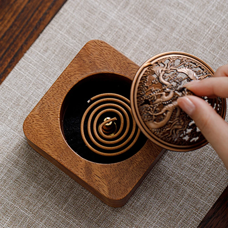 Walnut Wood Incense Burner Dragon Phoenix Hollow Lid Square Sandalwood Censer Incense Holder Home Room Teahouse Decor