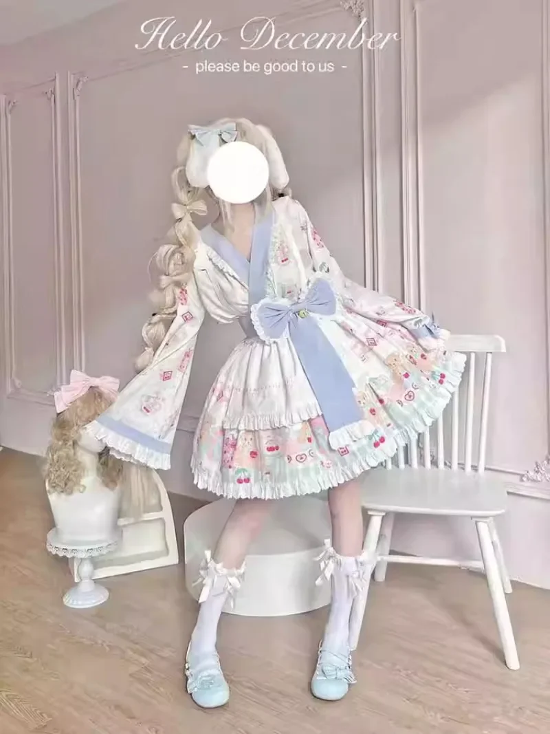 الحلو لطيف الكرتون الدب طباعة القوس فستان حفلة للأميرات مجموعة اليابانية Kawaii لوليتا كيمونو صغير تأثيري فستان خادمة للنساء #5
