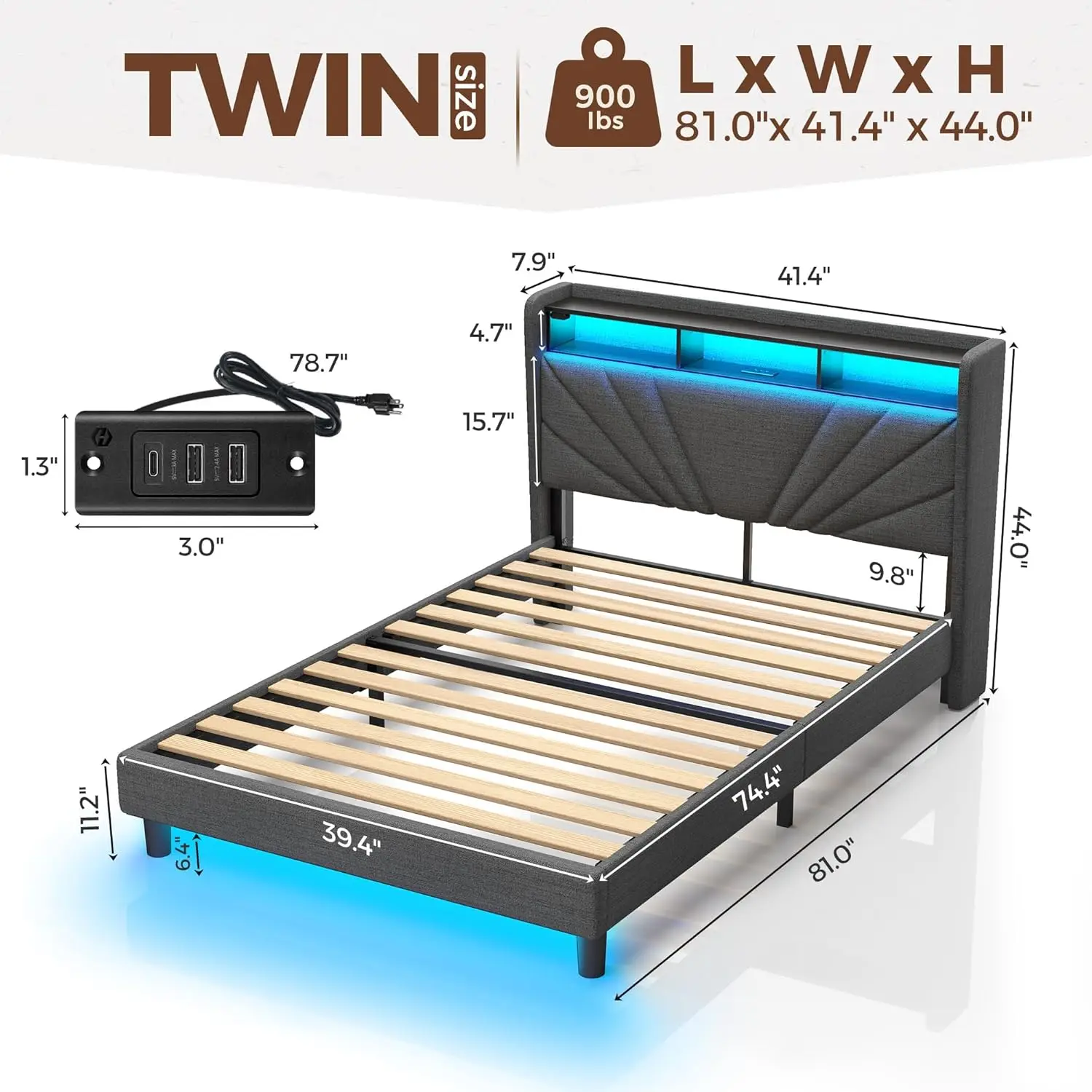 Double bed frame, storage headboard with charging station and LED lights, noise free, easy to assemble, dark gray