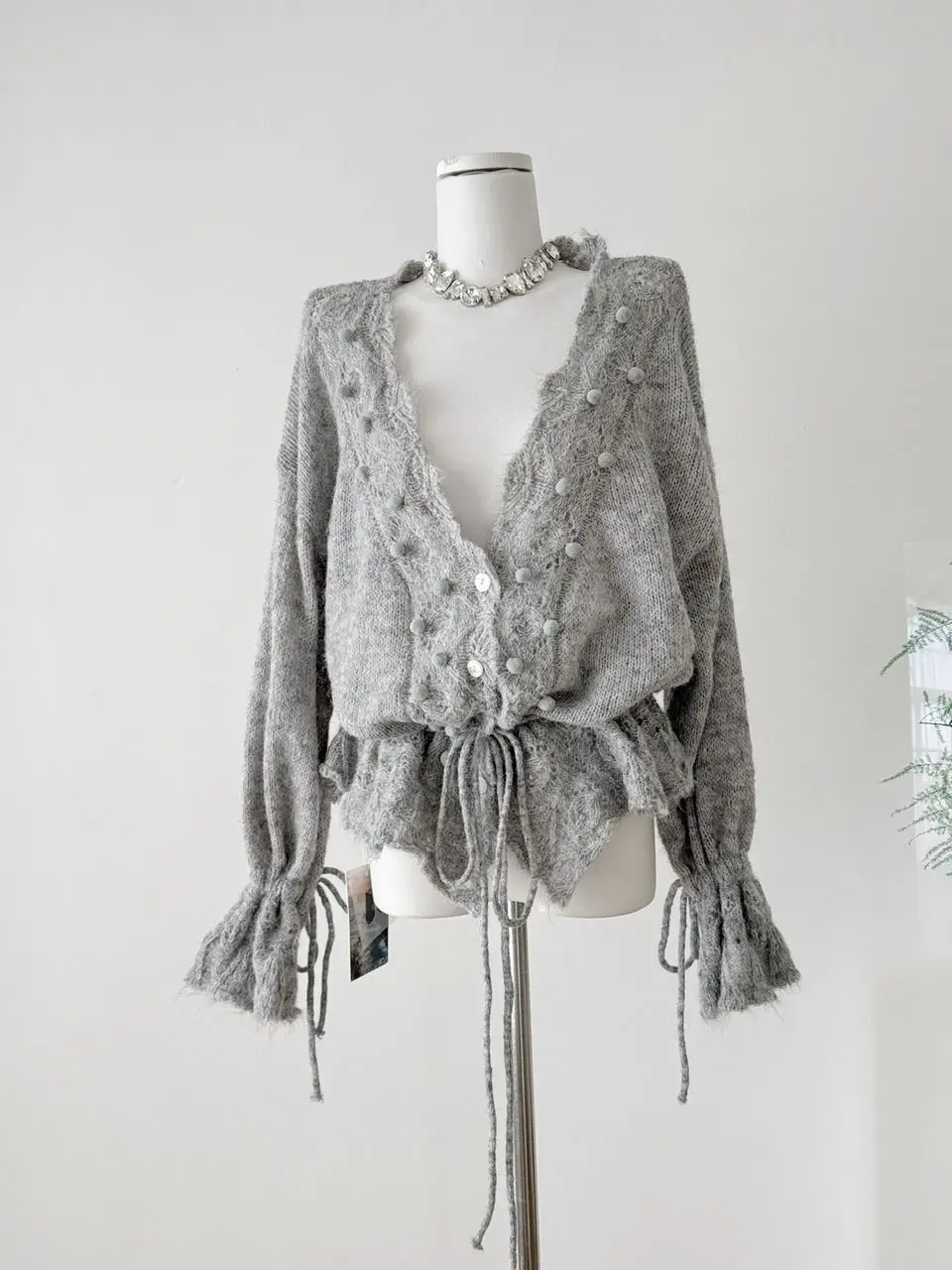 

Sueter Mujer Fashion New Sunscreen Shirt Gray Nail Bead Sweaters Korean Pullover Cardigan Y2k Top Lace Up