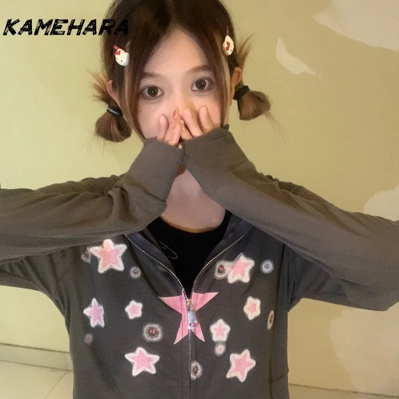 

KAMEHARA Japanese Abitu Street Style Subculture Millennium Y2k Spicy Girl Hoodie Printed Thin Short Cut Slimming Versatile Tops