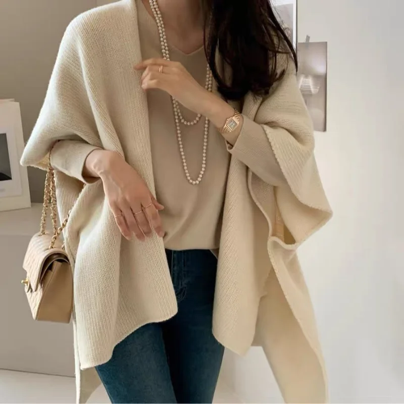 

Женская весенне-осенняя новая стильная свободная вязаная рубашка в ленивом стиле, дизайн, многослойный стильный уникальный свитер с шалью, пальто