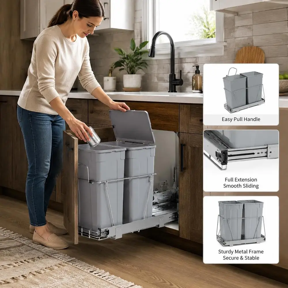 Bidone doppio estraibile 556 x 270 x 480 mm con sistema scorrevole in metallo e maniglia per mobili da cucina sotto il lavello 27 Qt