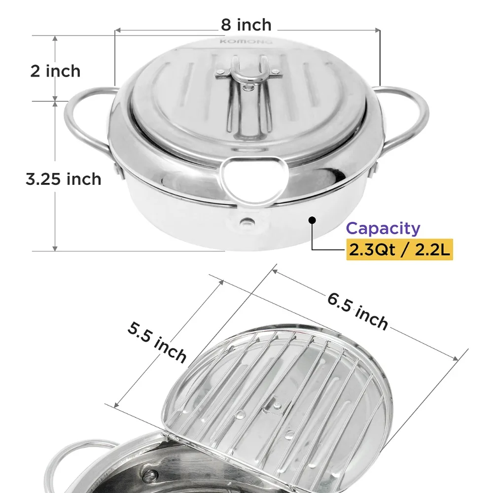 Freidora de acero inoxidable con termómetro Fahrenheit, olla pequeña para freír con estante de drenaje de aceite