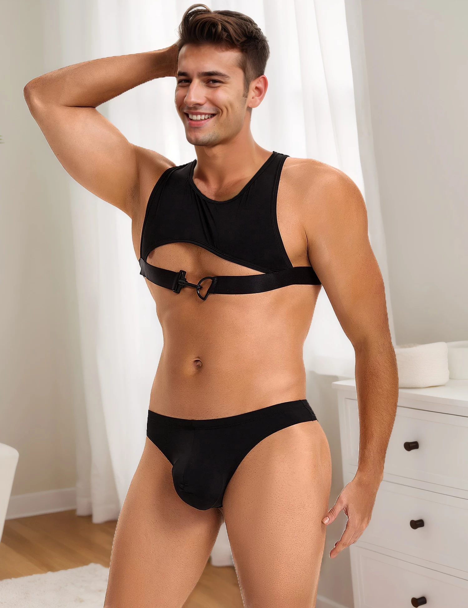 

Sexy Men Lingerie Set Black Ice Silk Nylon Halter Hollow Chest Widened Elastic Band Top + Panties Sissy Underwear Man Underpants