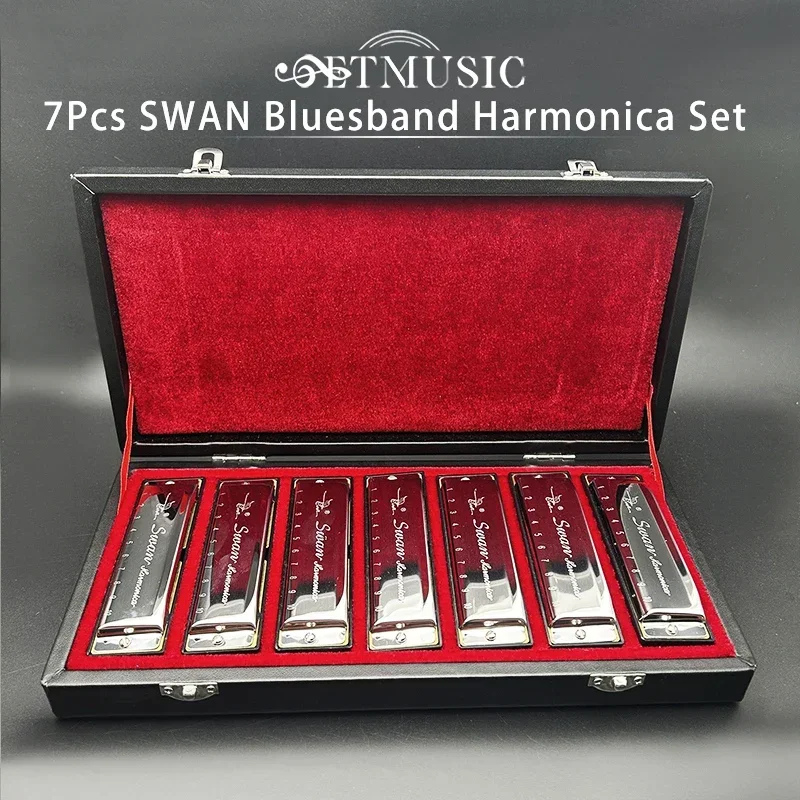 7 Pcs/Set Harmonica SWAN Bluesband Blues Harp Diatonic Harmonica Set with Case Wipes