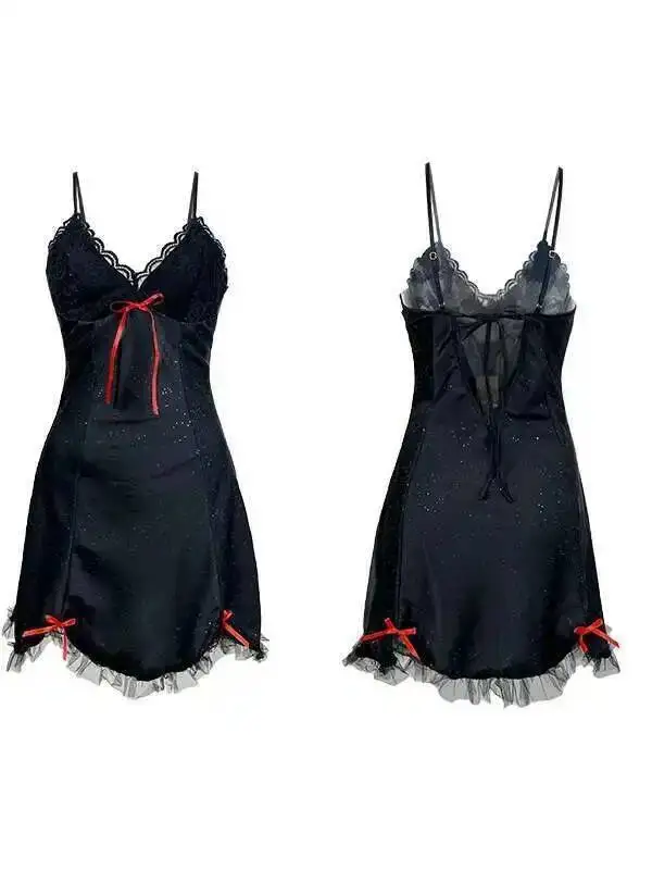 Femmes col en V profond robe à bretelles amples Lingerie Sexy mince Satin dentelle chemise de nuit débardeur Mini robe 2025 nouveaux hauts à la mode 7QEW