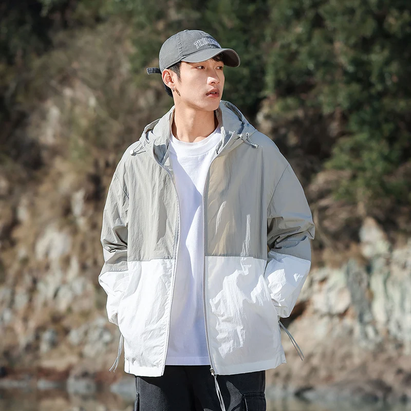 سترة واقية من الشمس من الحرير الجليدي - ملابس صيفية وخفيفة الوزن للحماية من الشمس للرجال في الهواء الطلق سريعة الجفاف مع سترة ومعطف بغطاء للرأس