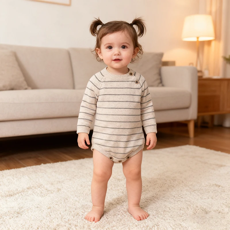 

0-24M Winter Toddler Baby Boy Girl Romper Long Sleeved Stripe Knit Korean Version Jumpsuit Newborn Baby Boy Girl Fashion Romper