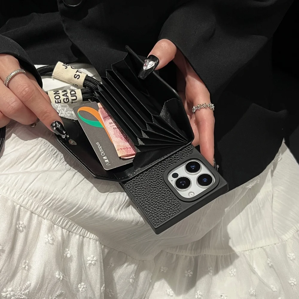 Casing Ponsel Saku Dompet Kartu Tas Kulit Modis untuk iPhone 16 15 14 13 12 11 Pro Max Sampul dengan Tali Penyandang