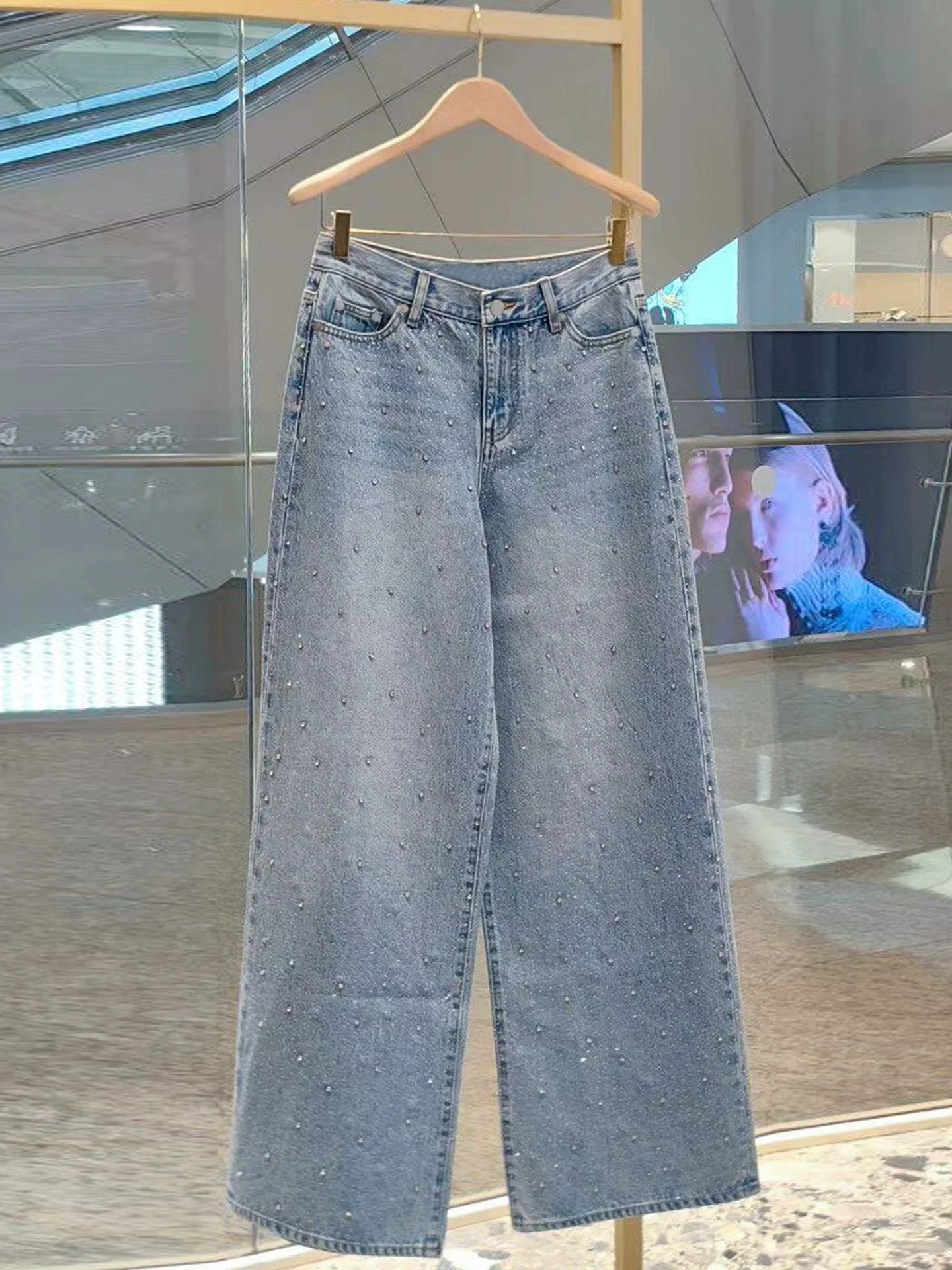 

Faionable Rhinestone Embellied Wide Leg Cotton Denim Pants Spring 2026 New Arrival Women's Skin-friendly Breathable Jeans