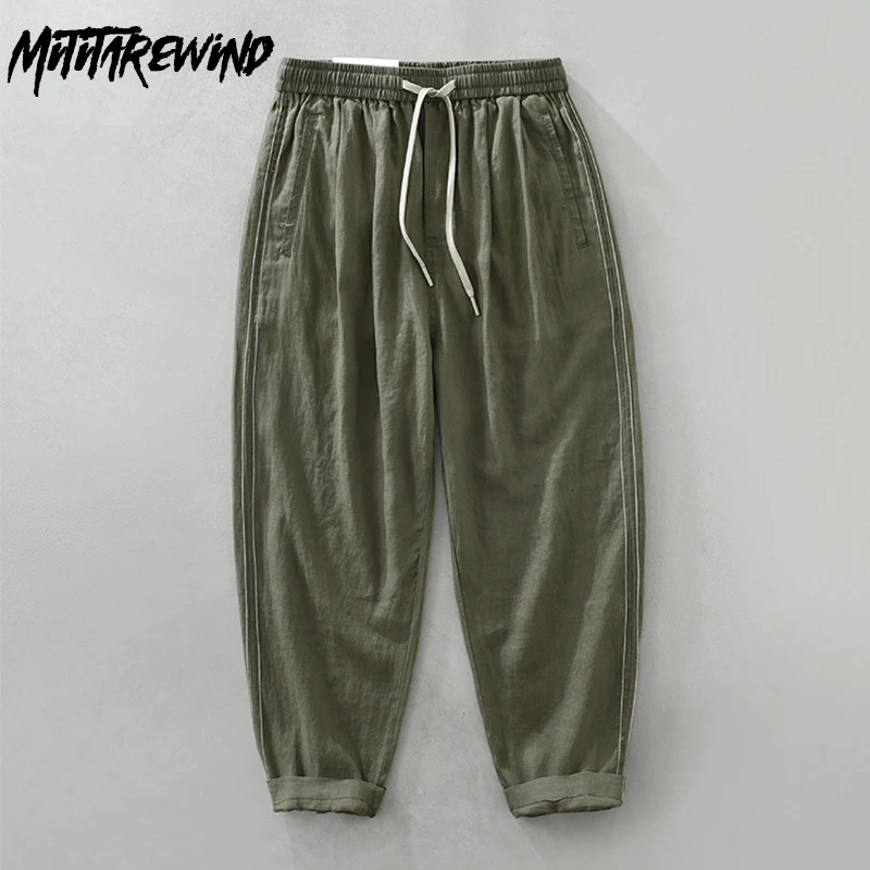 

Summer 100% Linen Pants for Men Breathable Beach Mens Pants Drawstring Elastic Waist Nine Point Pants Daily Causal Baggy Pants